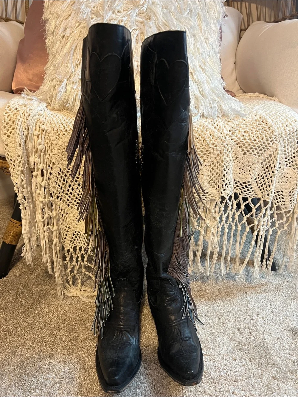 Junk Gypsy Spirit Animal Over-the-Knee Leather Boots with Ombré Fringe